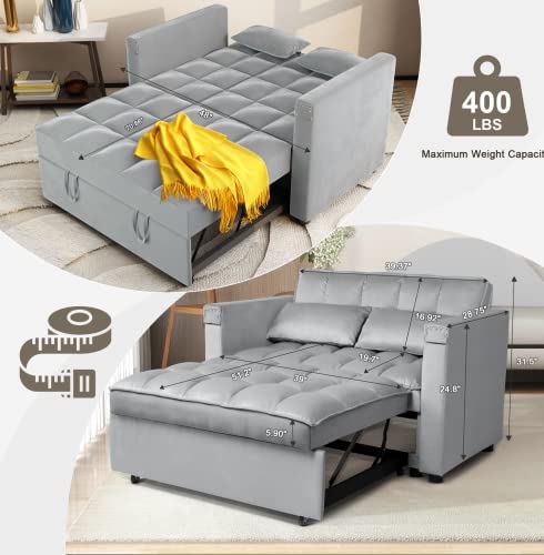 Convertible Sofa Bed, 3-in-1 Multi-Functional Velvet Sleeper Couch Pull-Out Bed, 48'' Loveseat Bed Chaise Lounge with Adjustable Backrest and Pillows, Hidden Side Table for Living Room, Small Space