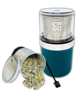 ergo herb grinder - electric. large capacity with removable (washable) stainless cup and airtight lid. for herbs and spices. pollen brush included