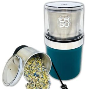 ERGO Herb Grinder - Electric. Large Capacity with Removable (washable) Stainless Cup and Airtight Lid. For Herbs and Spices. Pollen Brush included