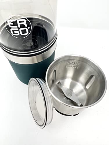 ERGO Herb Grinder - Electric. Large Capacity with Removable (washable) Stainless Cup and Airtight Lid. For Herbs and Spices. Pollen Brush included