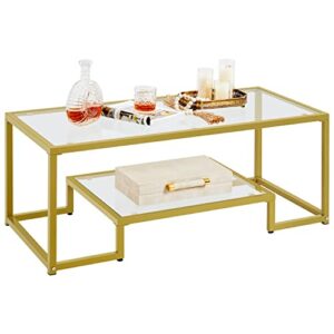 yaheetech rectangular coffee table, tempered glass coffee table with 2 tier storage shelf, modern center tea table with heavy-duty metal frame for home living room, gold
