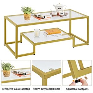 Yaheetech Rectangular Coffee Table, Tempered Glass Coffee Table with 2 Tier Storage Shelf, Modern Center Tea Table with Heavy-Duty Metal Frame for Home Living Room, Gold