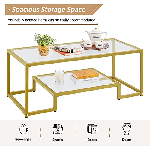 Yaheetech Rectangular Coffee Table, Tempered Glass Coffee Table with 2 Tier Storage Shelf, Modern Center Tea Table with Heavy-Duty Metal Frame for Home Living Room, Gold