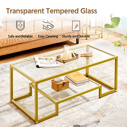 Yaheetech Rectangular Coffee Table, Tempered Glass Coffee Table with 2 Tier Storage Shelf, Modern Center Tea Table with Heavy-Duty Metal Frame for Home Living Room, Gold