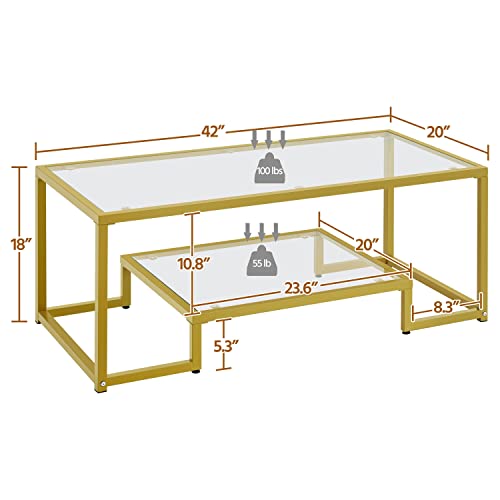 Yaheetech Rectangular Coffee Table, Tempered Glass Coffee Table with 2 Tier Storage Shelf, Modern Center Tea Table with Heavy-Duty Metal Frame for Home Living Room, Gold