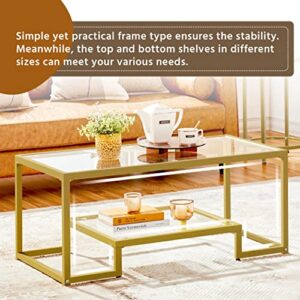 Yaheetech Rectangular Coffee Table, Tempered Glass Coffee Table with 2 Tier Storage Shelf, Modern Center Tea Table with Heavy-Duty Metal Frame for Home Living Room, Gold