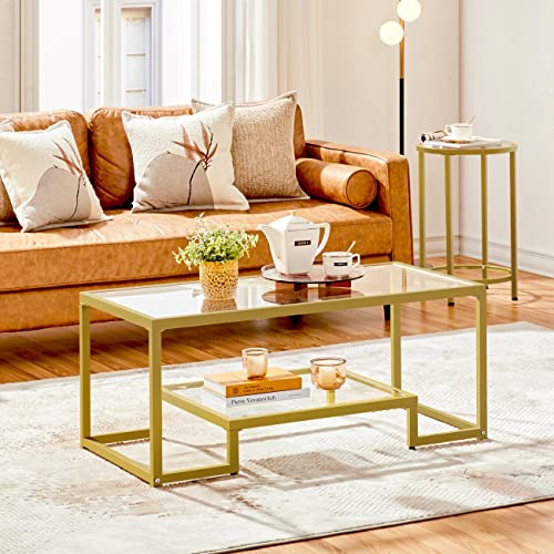 Yaheetech Rectangular Coffee Table, Tempered Glass Coffee Table with 2 Tier Storage Shelf, Modern Center Tea Table with Heavy-Duty Metal Frame for Home Living Room, Gold