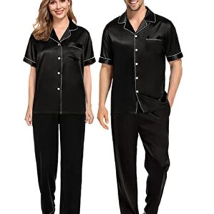 SWOMOG Pajamas Sets Women Silk Satin Sleepwear Short Sleeve Pjs Top with Long Pants Nightwear Set Loungewear Set Black