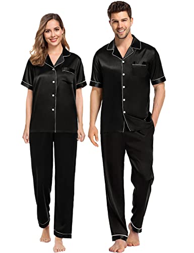 SWOMOG Pajamas Sets Women Silk Satin Sleepwear Short Sleeve Pjs Top with Long Pants Nightwear Set Loungewear Set Black