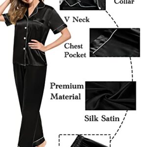 SWOMOG Pajamas Sets Women Silk Satin Sleepwear Short Sleeve Pjs Top with Long Pants Nightwear Set Loungewear Set Black
