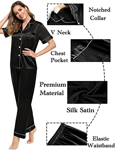 SWOMOG Pajamas Sets Women Silk Satin Sleepwear Short Sleeve Pjs Top with Long Pants Nightwear Set Loungewear Set Black