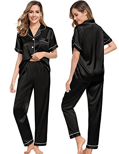 SWOMOG Pajamas Sets Women Silk Satin Sleepwear Short Sleeve Pjs Top with Long Pants Nightwear Set Loungewear Set Black