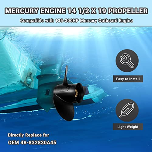 Ceosiner Outboard Propeller 14 1/2 x 19 Pitch 48-832830A45 OEM-Grade Aluminum Boat Outboard Moto Propeller for Mercury135-300HP|Mercruiser|Alpha One，15 Spline Tooth,RH，Hub Kits Included