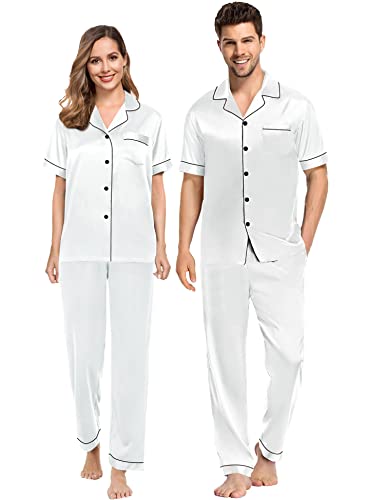 SWOMOG Women Satin Pjs Short Sleeve Silk Two-Piece- Sleepwear Classic Button-Down Casual Loose Pajama Set for Women White