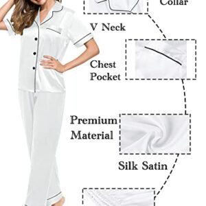 SWOMOG Women Satin Pjs Short Sleeve Silk Two-Piece- Sleepwear Classic Button-Down Casual Loose Pajama Set for Women White