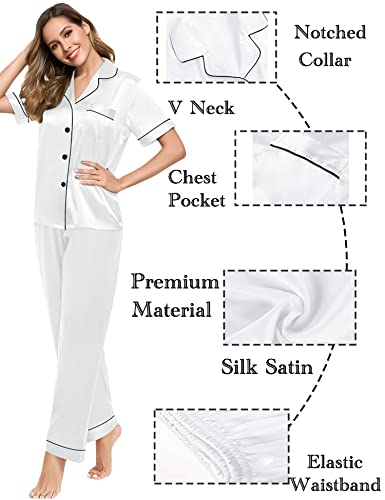 SWOMOG Women Satin Pjs Short Sleeve Silk Two-Piece- Sleepwear Classic Button-Down Casual Loose Pajama Set for Women White