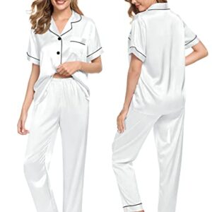 SWOMOG Women Satin Pjs Short Sleeve Silk Two-Piece- Sleepwear Classic Button-Down Casual Loose Pajama Set for Women White