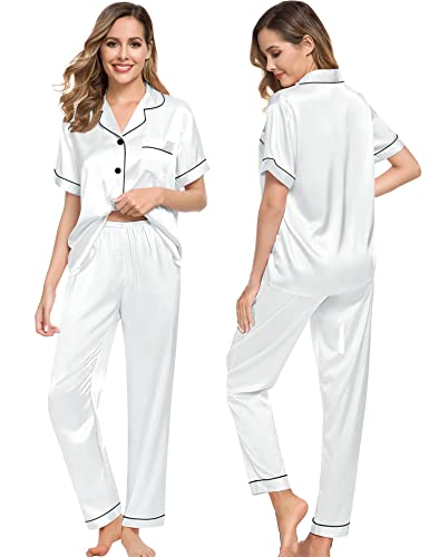 SWOMOG Women Satin Pjs Short Sleeve Silk Two-Piece- Sleepwear Classic Button-Down Casual Loose Pajama Set for Women White