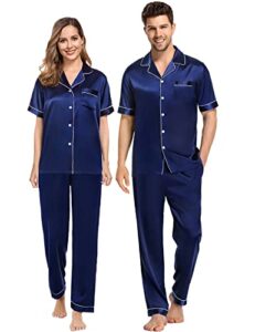 swomog women satin silk pjs sets short sleeve top & pants soft loose loungewear matching couple pajamas sets navy blue