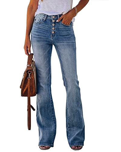 Koinshha Womens High Waisted Jeans Boyfriend Stretch Flare Casual Bootcut Denim Pants