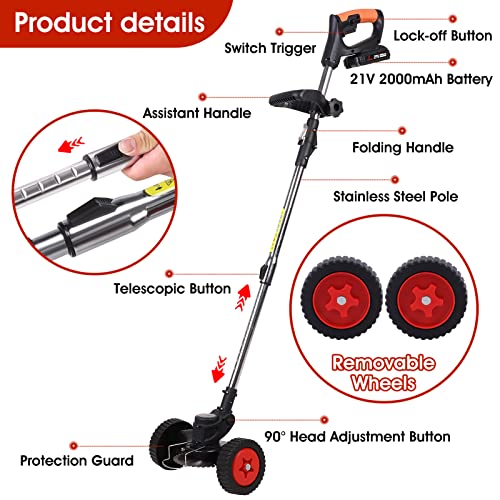 Weed Wacker,Electric Weed Eater,3-in-1 Cordless Weed Eater,Wheeled Lawn Edger,Telescopic and Folding Handle Weed Wacker Battery Powered,90° Head Adjustable Edger Lawn Tool for Yard,Garden (Black)