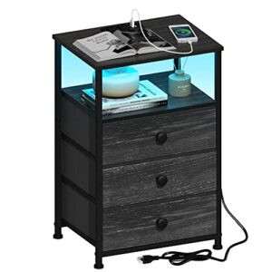 tohomeor end table with charging station led light nightstand bedroom bed side dresser with 3 fabric drawers open storage shelf living room sofa end table with usb ports and outlet (charcoal, 1 pack)