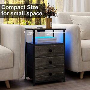 Tohomeor End Table with Charging Station LED Light Nightstand Bedroom Bed Side Dresser with 3 Fabric Drawers Open Storage Shelf Living Room Sofa End Table with USB Ports and Outlet (Charcoal, 1 Pack)