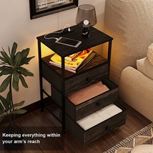 Tohomeor End Table with Charging Station LED Light Nightstand Bedroom Bed Side Dresser with 3 Fabric Drawers Open Storage Shelf Living Room Sofa End Table with USB Ports and Outlet (Charcoal, 1 Pack)