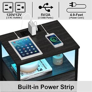 Tohomeor End Table with Charging Station LED Light Nightstand Bedroom Bed Side Dresser with 3 Fabric Drawers Open Storage Shelf Living Room Sofa End Table with USB Ports and Outlet (Charcoal, 1 Pack)