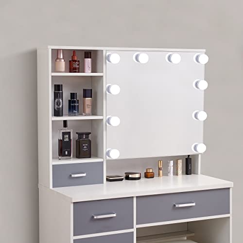 Vanity Set with Sliding Lighted Mirror, Vanity Desk Makeup Vanity Dressing Table with LED Lights, 6 Drawers, Hidden Shelves & Cushioned Stool for Bedroom