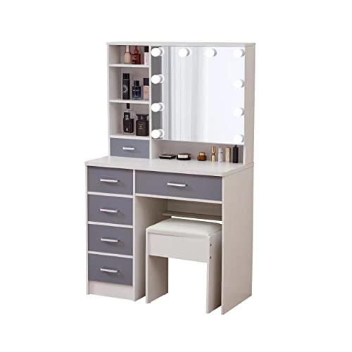 Large Vanity Desk Set with Sliding Lighted Mirror Hidden Storage, 6 Drawers, Vanities Dressing Makeup Table with LED Lights, Hidden Shelves & Cushioned Stool for Bedroom