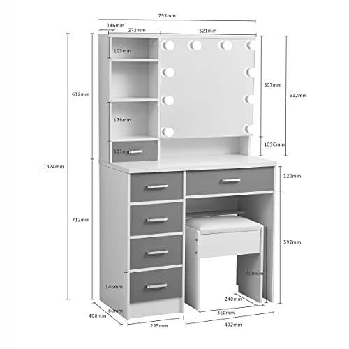 Large Vanity Desk Set with Sliding Lighted Mirror Hidden Storage, 6 Drawers, Vanities Dressing Makeup Table with LED Lights, Hidden Shelves & Cushioned Stool for Bedroom