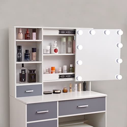 Large Vanity Desk Set with Sliding Lighted Mirror Hidden Storage, 6 Drawers, Vanities Dressing Makeup Table with LED Lights, Hidden Shelves & Cushioned Stool for Bedroom