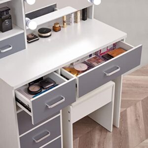 Large Vanity Desk Set with Sliding Lighted Mirror Hidden Storage, 6 Drawers, Vanities Dressing Makeup Table with LED Lights, Hidden Shelves & Cushioned Stool for Bedroom