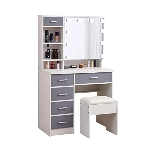 Large Vanity Desk Set with Sliding Lighted Mirror Hidden Storage, 6 Drawers, Vanities Dressing Makeup Table with LED Lights, Hidden Shelves & Cushioned Stool for Bedroom