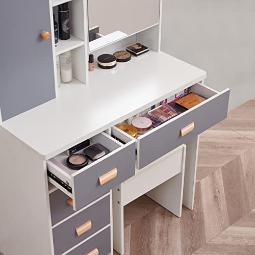 Large Vanity Desk Set with Mirror Hidden Storage, 5 Drawers, Vanities Dressing Makeup Table with 3 Storage Cabinet, for Bedroom, White