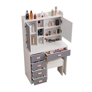 Vanity Desk Set with Mirror Hidden Storage,5 Drawers, Vanities Dressing Makeup Table with 3 Storage Cabinet, Vanity Set for Bedroom Studio White