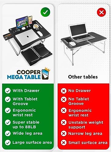 Cooper Mega Table - Large Laptop Desk for Bed, Portable Table Tray, Laptop Stand with Built-in Tablet, Phone Slot, Storage Drawer for Working, Gaming, and Eating on Couch/Sofa/Floor