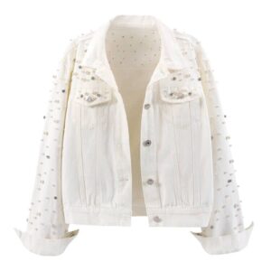 lifeshe women's pearls denim jacket cropped rhinestones jean jacket coat
