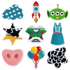 9 pcs toy inspired iron on patches cute cartoon movie sew on embroidered applique decorative repair patch emblem diy crafts projects for clothing jacket jeans pants dress backpack hat gift