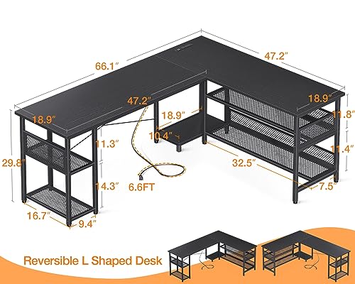 ODK 66" L Shaped Desk with Power Outlet and USB Charging Ports, Reversible L Shaped Computer Desk with Storage Shelves, Home Office Desk, Gaming Desk, Corner Desk, Black