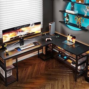 ODK 66" L Shaped Desk with Power Outlet and USB Charging Ports, Reversible L Shaped Computer Desk with Storage Shelves, Home Office Desk, Gaming Desk, Corner Desk, Black