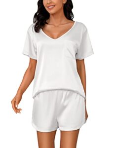 litherday women's satin pajama set silk causal short sleeve pj shirt lounge shorts sexy pjs soft v-neck sleepwear with pockets white medium