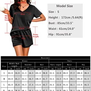 Litherday Women's Satin Silky Pajama Set Short Sleeve T-shirt with Shorts Set 2 Piece Pjs Lounge Set Black Medium