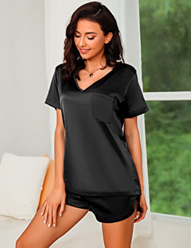 Litherday Women's Satin Silky Pajama Set Short Sleeve T-shirt with Shorts Set 2 Piece Pjs Lounge Set Black Medium