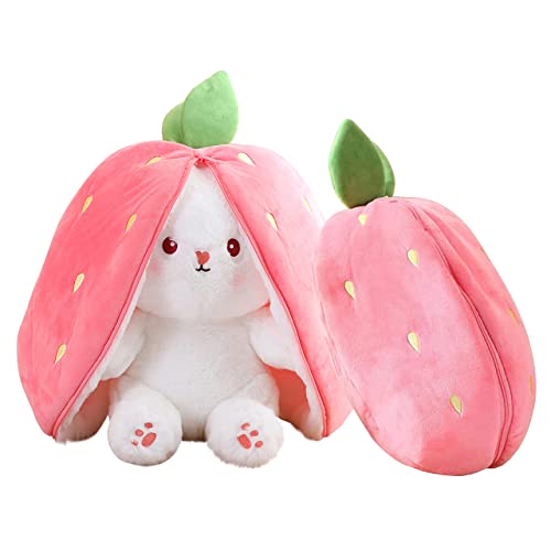 YGSDM Easter Bunny Stuffed Animal, Reversible Bunny Carrot Strawberry Pillow, Cute Squishy Rabbit Sofa Pillow Decoration Doll, Soft Plush Toy for Boys Girls (Strawberry, 7in/18cm)