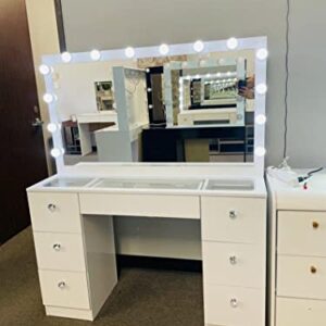 MSILVA 07 Drawers Glass top White Makeup Vanity with Mirror and Set of 14 led Lights Bulbs