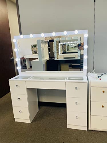 MSILVA 07 Drawers Glass top White Makeup Vanity with Mirror and Set of 14 led Lights Bulbs