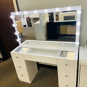 MSILVA 07 Drawers Glass top White Makeup Vanity with Mirror and Set of 14 led Lights Bulbs