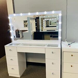 MSILVA 07 Drawers Glass top White Makeup Vanity with Mirror and Set of 14 led Lights Bulbs